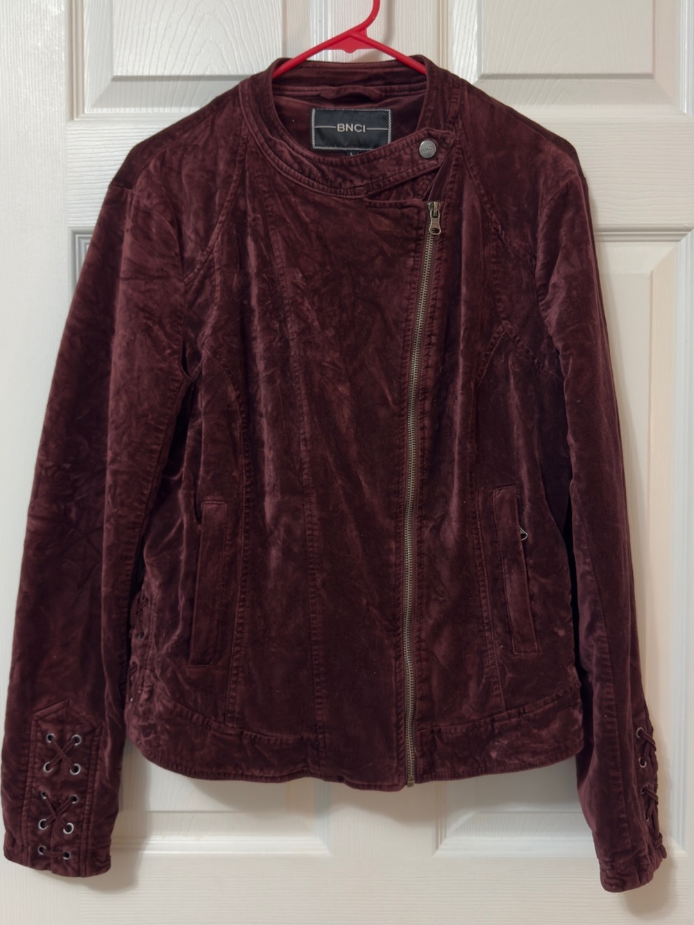 BNCI Women's Velvet Asymmetrical Zip Jacket - Burgundy